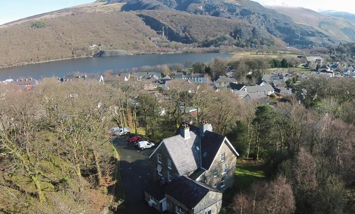 Arial view of Bryn Du Mountain Centre. Accommodation for residential activity courses in Llanberis. Self Catering large Victorian house
